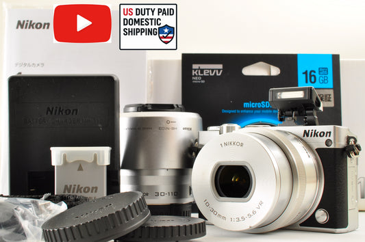 [Mint+++ SC:13558] Nikon 1 J5 Silver Double zoom Kit 10-30mm & 30-110mm US Ships