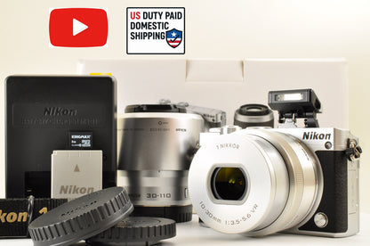 [Top Mint+ SC: 803] Nikon 1 J5 Silver W zoom kit 10-30mm & 30-110mm VR US Stock