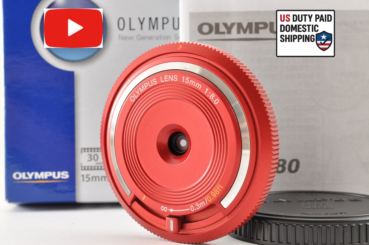 [US Duty Paid] Olympus Lens 15mm f/8 RED BCL-1580 Body Cap Lens for Pen USA