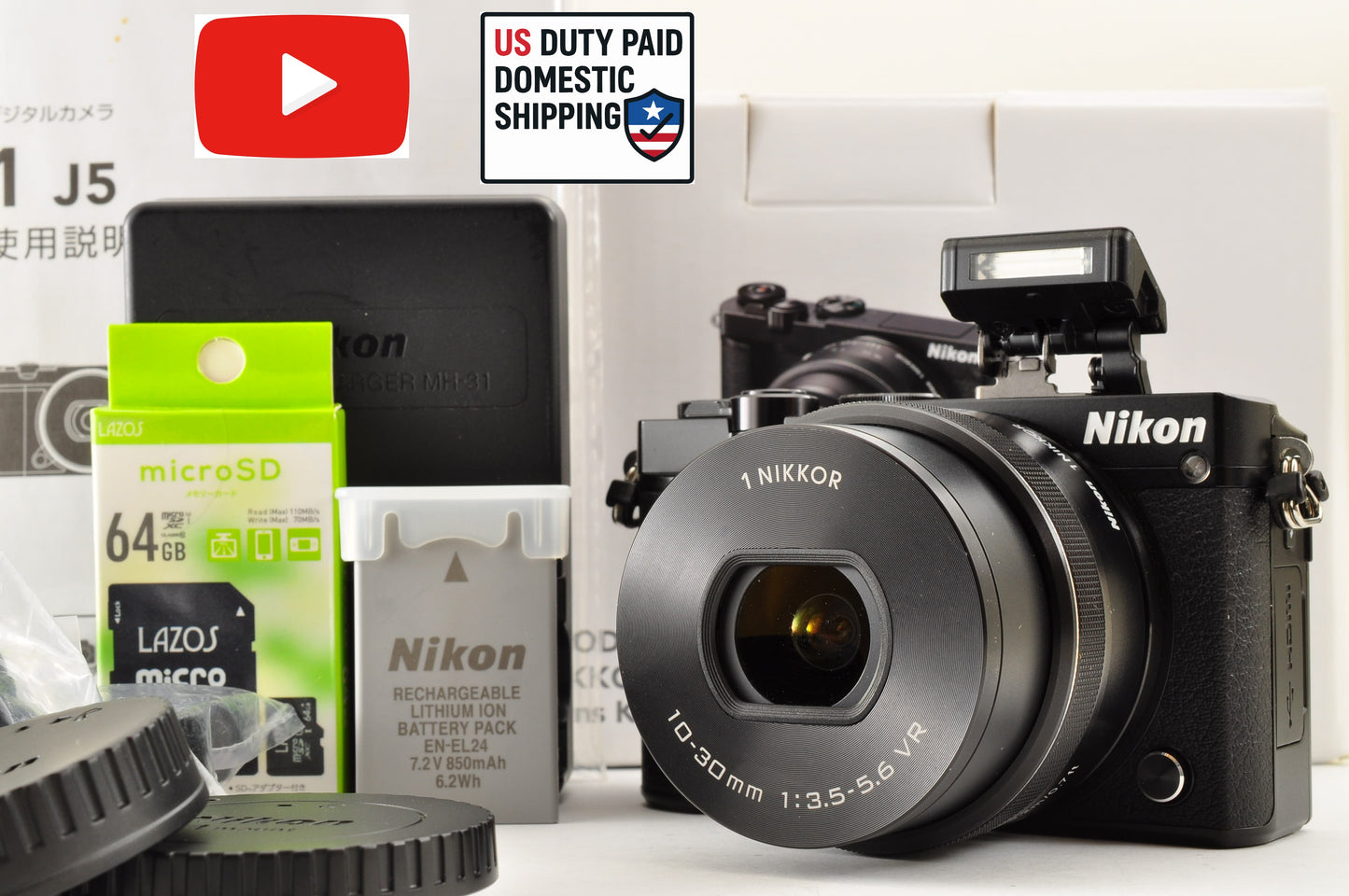 [Mint+++ SC: 4787] Nikon 1 J5 Black Lens Kit 10-30mm f/3.5-5.6 PD Zoom US Ships