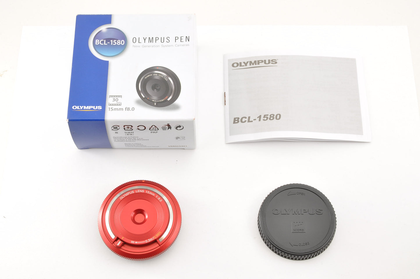 [US Duty Paid] Olympus Lens 15mm f/8 RED BCL-1580 Body Cap Lens for Pen USA