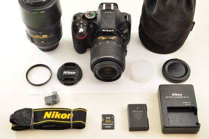[Top Mint+] Nikon D5200 24.1MP Digital SLR BLACK w/ 18-55mm & 55-300mm US Stock