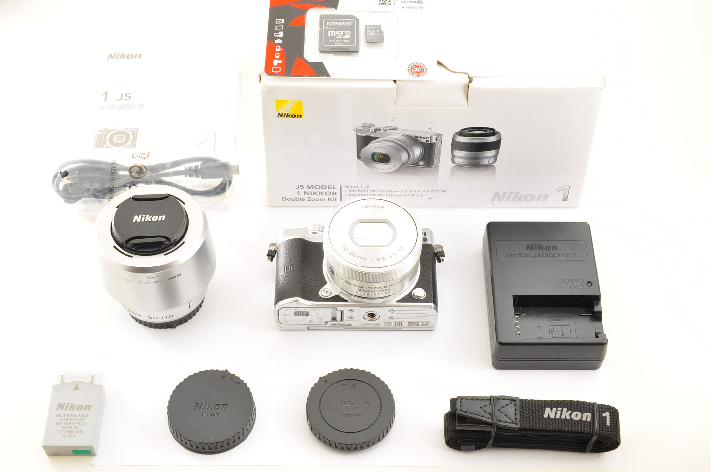 [Mint+ SC: 101] Nikon 1 J5 Silver Double Lens Kit 10-30mm & 30-110mm US Ships